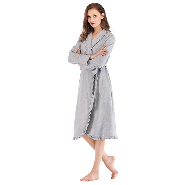 Design Women Sleepwear Elegant Kimono Robe Ladies Winter Autumn Casual Bathrobe Loose Ruffle Soild Bathroom Spa Robes For Women