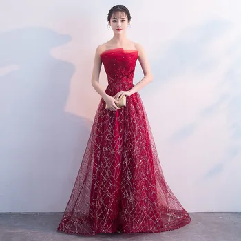 

Burgundy Bride Party Dress Sleeveless Strapless Evening Cheongsam Womens Wedding Long Qipao Elegant Gown Clothes Vestido XS-XXL