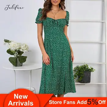

Summer Casual Dress Women Elegant Floral Print Short Sleeve Ruffles Dress 2020 Fashion Square Collar Sexy Beach Holiday Dress