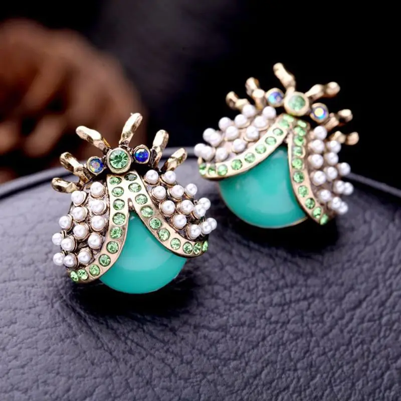 

Enamel Blue Ladybug Insect Beetle Stud Earrings Crystal Inlaid Fashion Jewelry