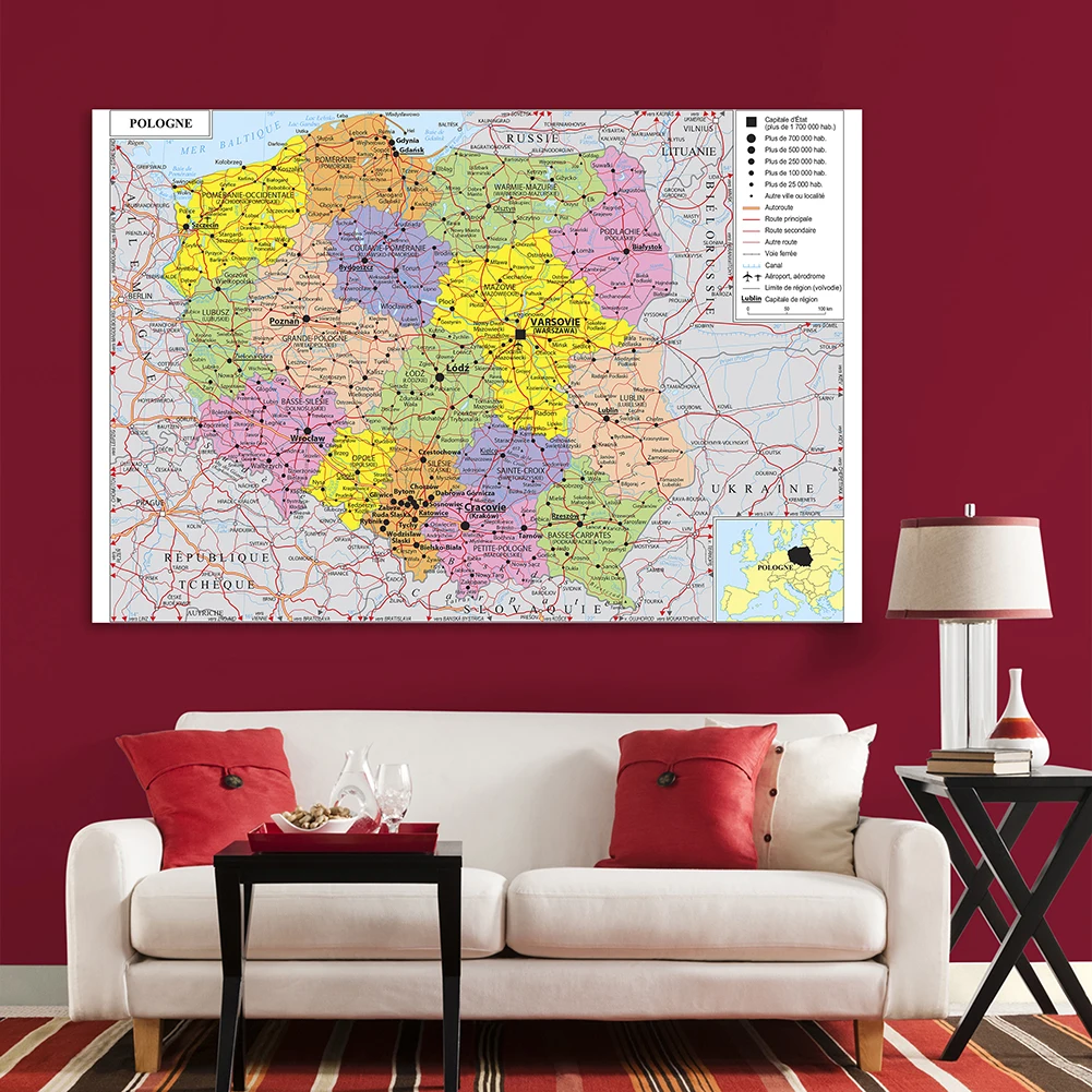 The Poland Political Map 225*150cm In French Large Poster Non-woven Canvas Painting Living Room Home Decoration School Supplies