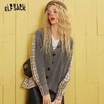 

ELFSACK Gray Plaid Patchwork Jersey Korean Cardigan Women Sweaters 2020 Spring Single Button Long Sleeve Casual Ladies Daily Top
