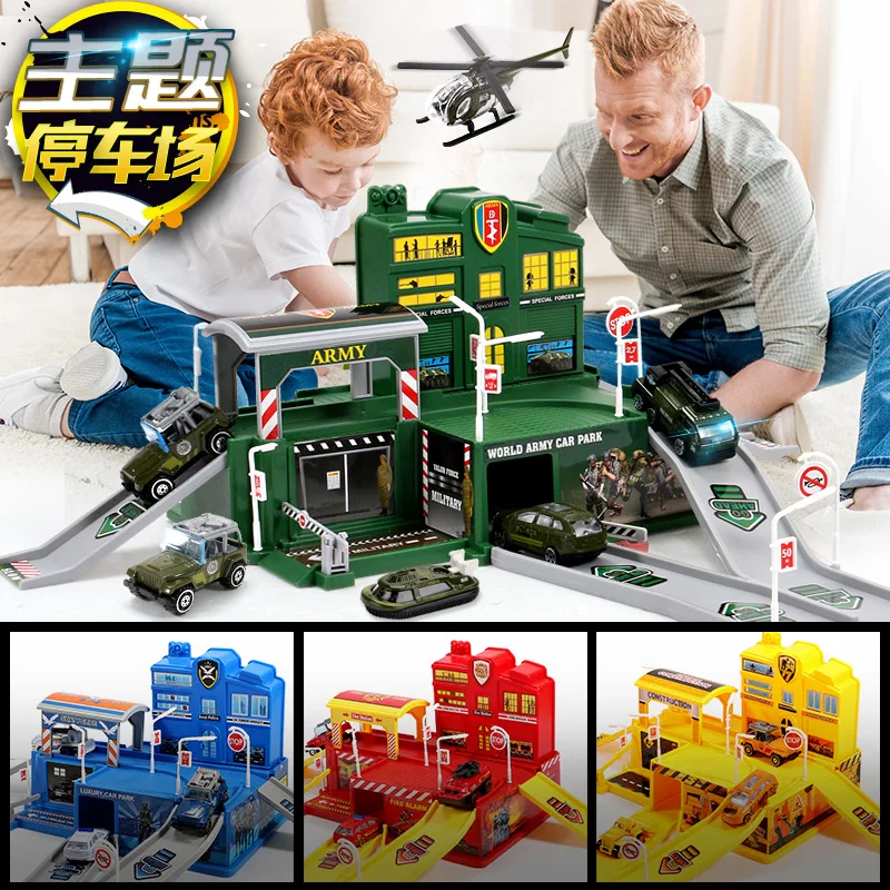 

Toy Boy Children Parking Lot Model Alloy Rail Car Fire Truck Model Car Set Police Car