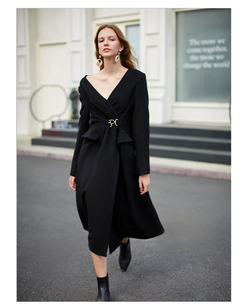 [EAM] женское черное Плиссированное асимметричное шерстяное платье, новинка, v-образный вырез, длинный рукав, свободный крой, мода, весна-осень 1K894