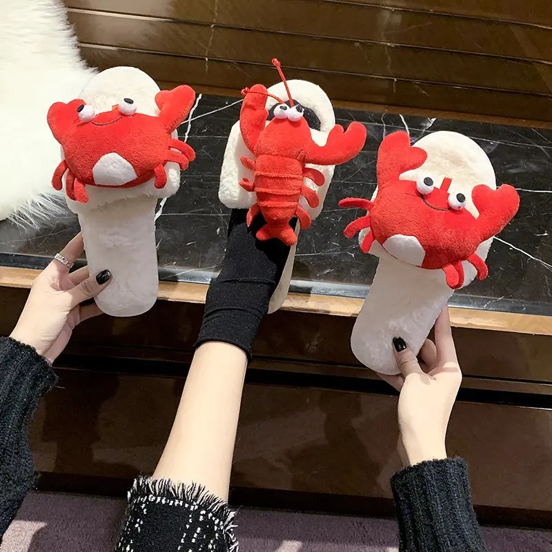 

Furry Slippers Autumn Winter Wool One Fur Slides Winter Slippers Lobster Crab Fur Slippers Slides Women Shoes women's shoes