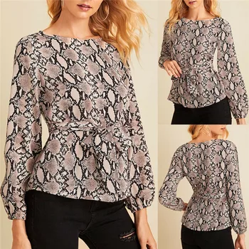

2019 Elegant Women OL Long Lantern Sleeve Loose Blouse Casual Shirt Snakeskin Print Tops T-shirt Lace-up Belts Work Outwear New