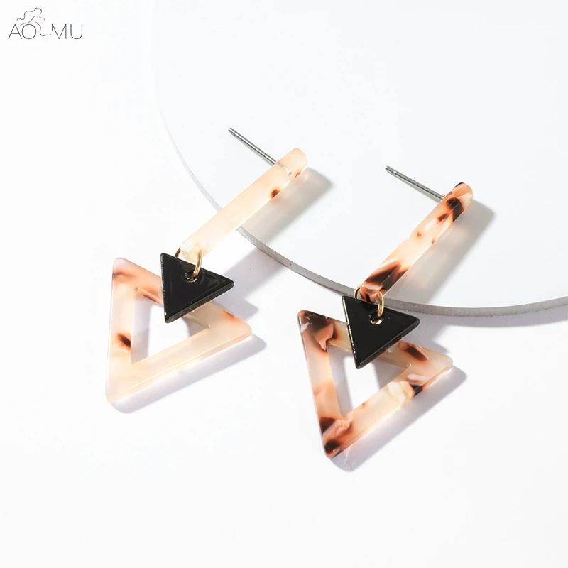 

AOMU 2019 Triangle Acrylic Acetate Pattern Geometric Hollow Long Dangle Drop Earrings for Women Girl Party Gift Jewelry