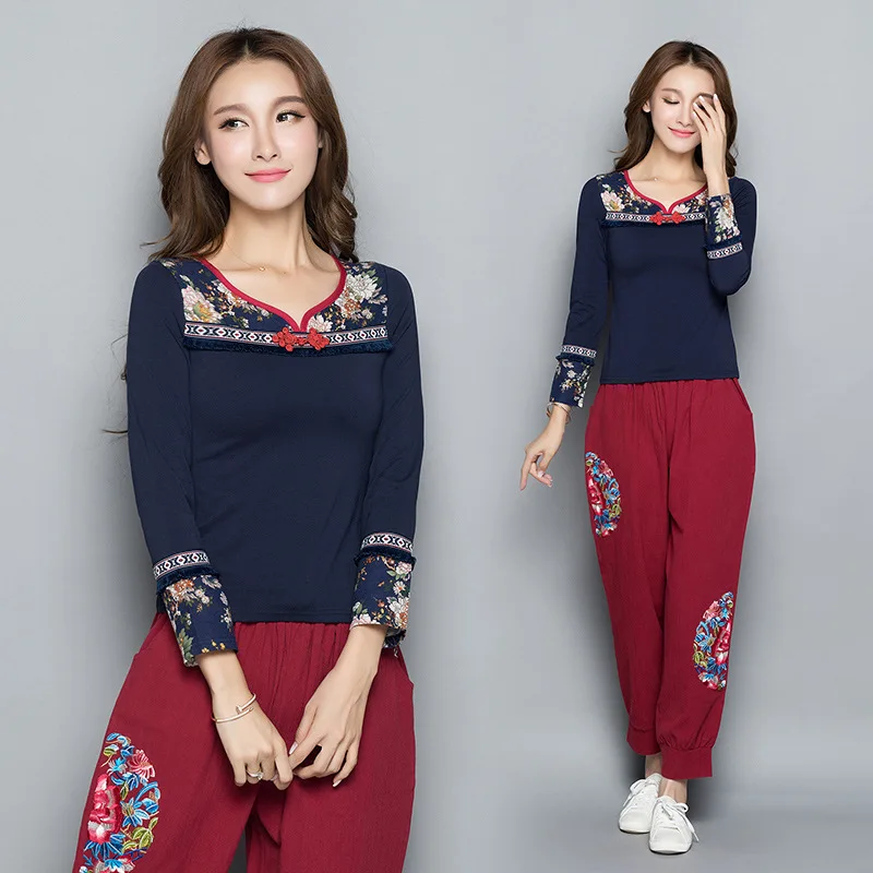  Photo Shoot Ethnic-Style WOMEN'S Dress Autumn New Style Printed Cotton Linen Joint WOMEN'S T-shirt 