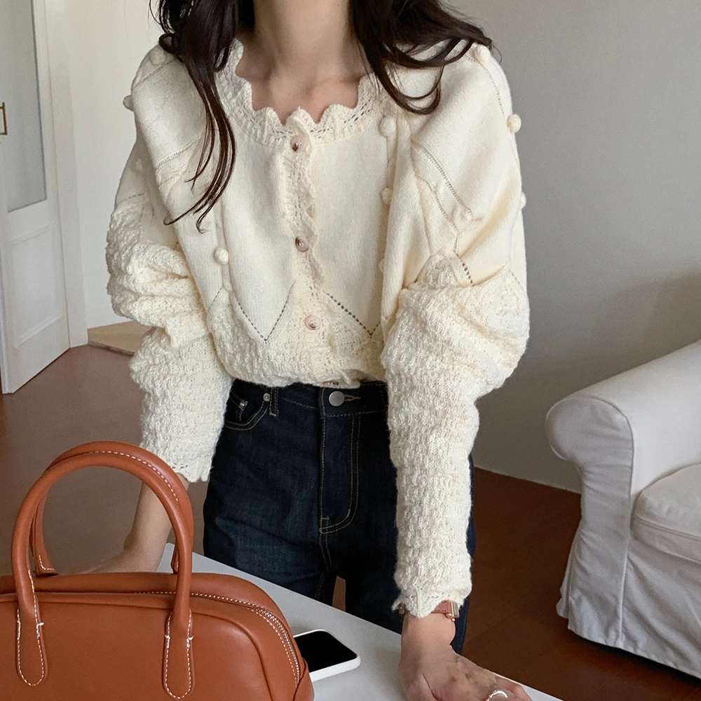 

Vintage Warm Short Knitted Cardigan Sweater Women Wave-Round Collar Single Breasted Crochet Outerwear Female