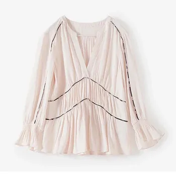 

Womens Tops and Blouses Flare Sleeve Deep V Neck Slim Shirt Chemise Female Autumn Winter