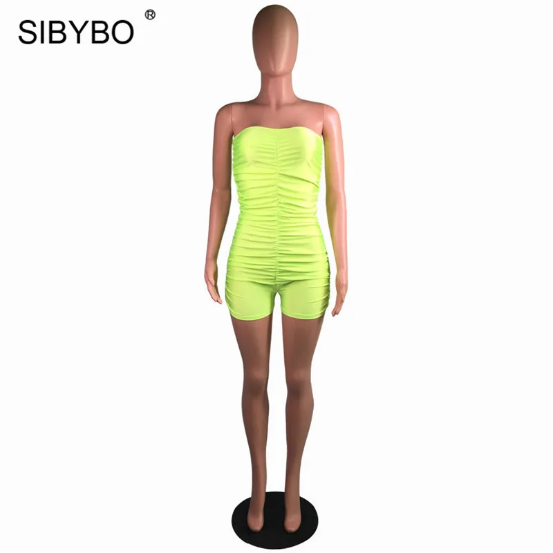 Sibybo плиссированный Летний комбинезон с открытыми плечами для женщин без бретелек обтягивающий сексуальный женский комбинезон с открытой спиной пляжный Повседневный короткий комбинезон