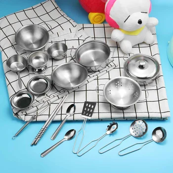 

20PCS Stainless Steel Mini Children Kitchen Cookware Pot Kids Pretend Play Vegetables Fruit Cooking Utensils Toys Set