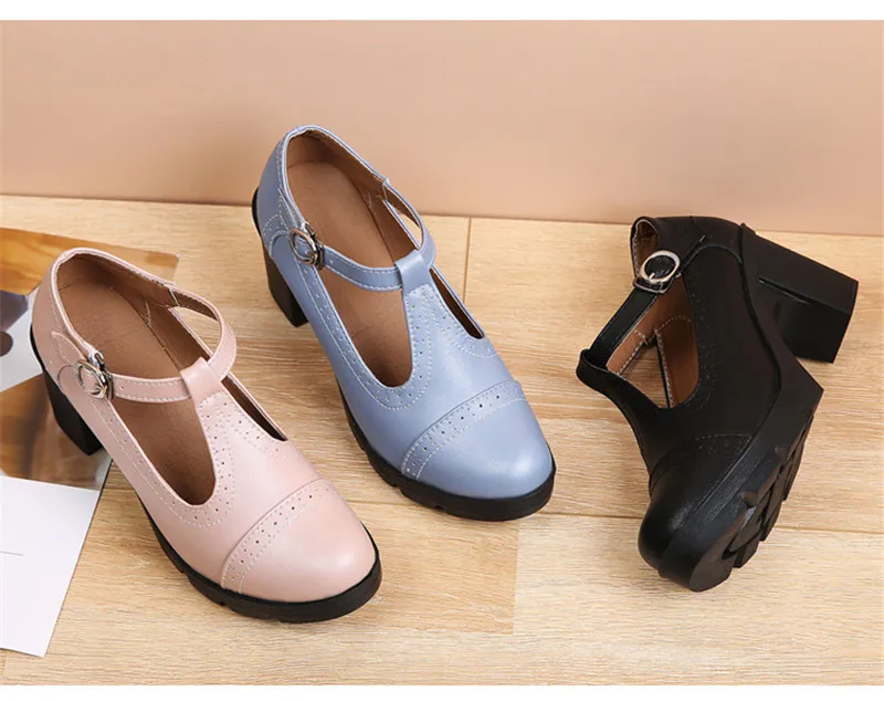 Size 34-43 Pumps Women's Shoes Buckle T-Strap Leather Oxfords Shoes Mary Jane Retro Mid-Heel Ladies Platform Single Pumps Shoes (3)