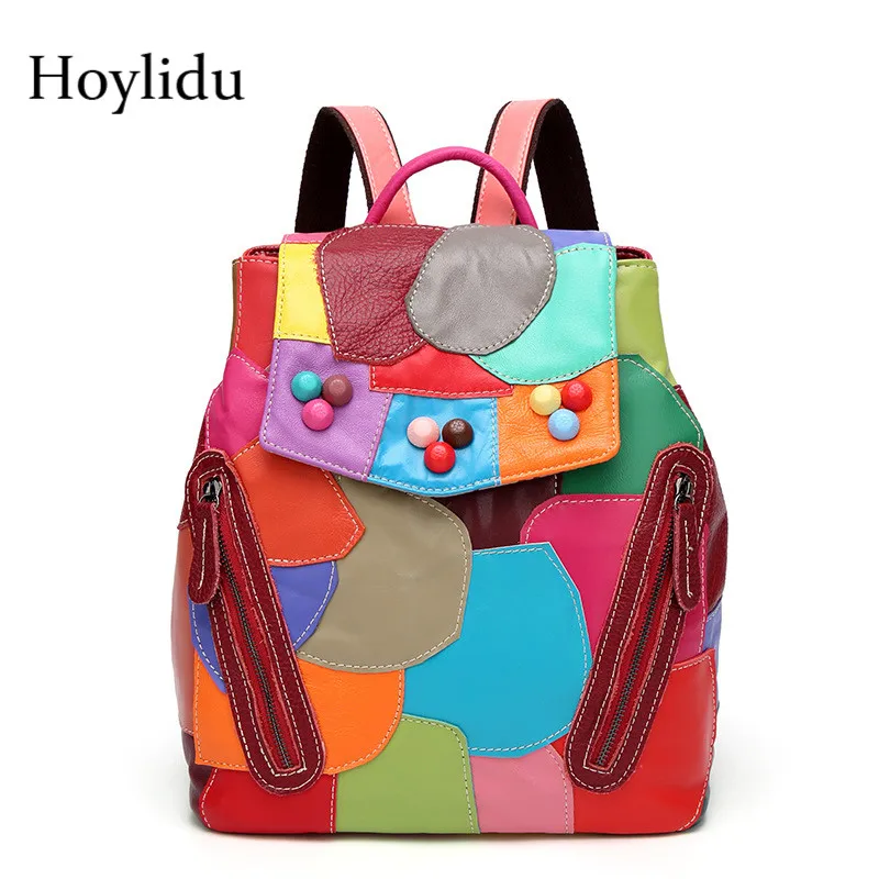 

New Genuine Leather Women Shoulder Bags Sheepskin Patchwork Portable Multicolor Large Capacity Travel Laptop Backpacks For Lady