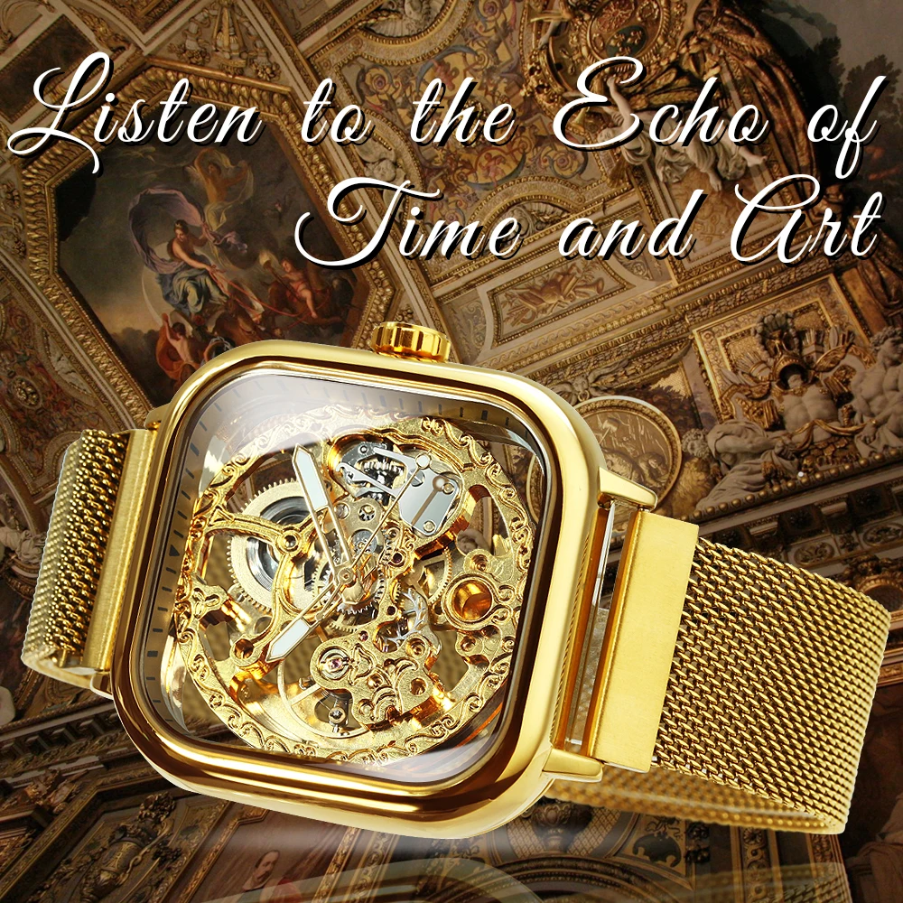 Watches Mens Automatic Mechanical Watch Gold Transparent Mesh Steel Wristwatch Skeleton Forsining mechanical watch