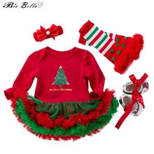 Рождественская Одежда для девочек, комплект из 4 предметов: платье-пачка с длинными рукавами+ носок+ обувь+ повязка на голову, детская Рождественская Одежда для девочек комплект одежды с героями мультфильмов