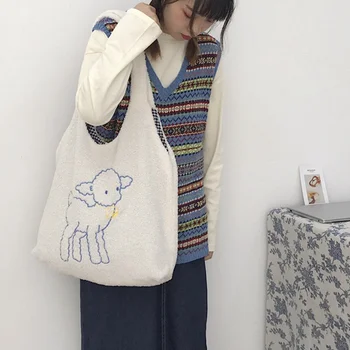 

1 PC Sheep Embroidered Shoulder Bag Fabric Large Capacity Tote Handbag Casual Shopping Bag Top-handle Bag Dropship