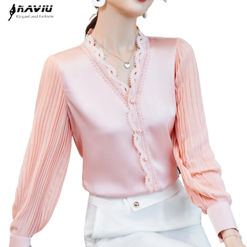 Pembe V boyun g mlek kad n sonbahar dantel puf kollu High End moda miza 