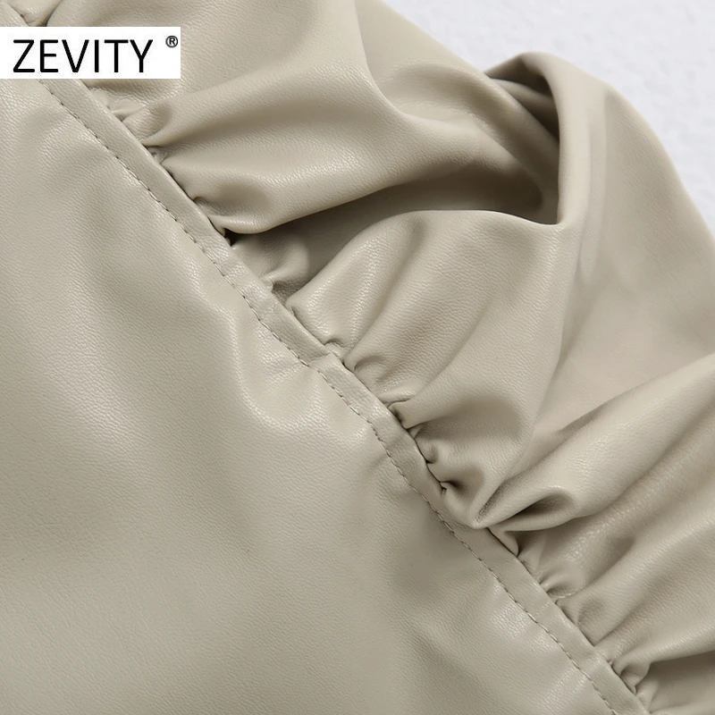 ZEVITY New women sexy spaghetti strap pleated PU leather dress female back zipper slim sling vestido chic brand dresses DS4419