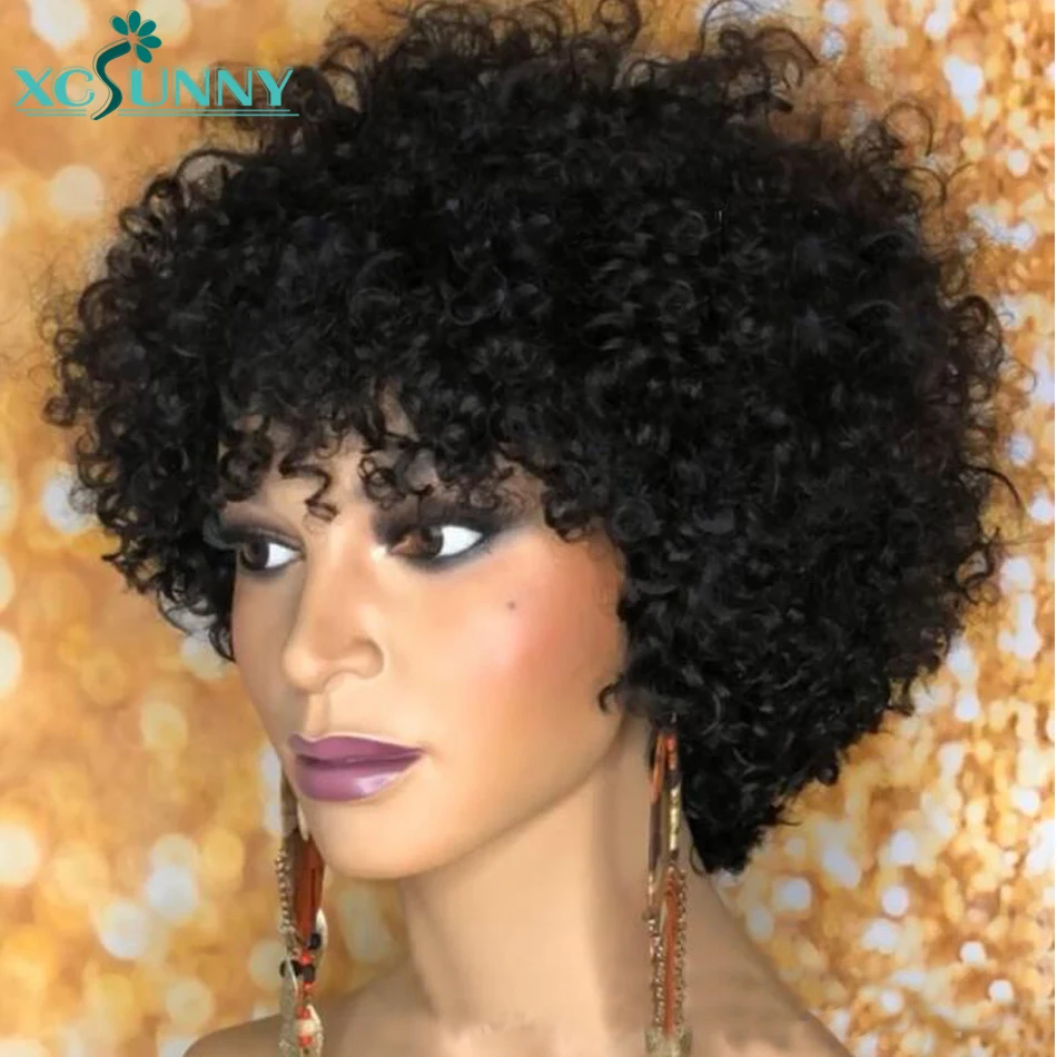 Human-Hair-Wigs Bob Wig Short Curly Xcsunny Bangs-Machine Black Women Brazilian 