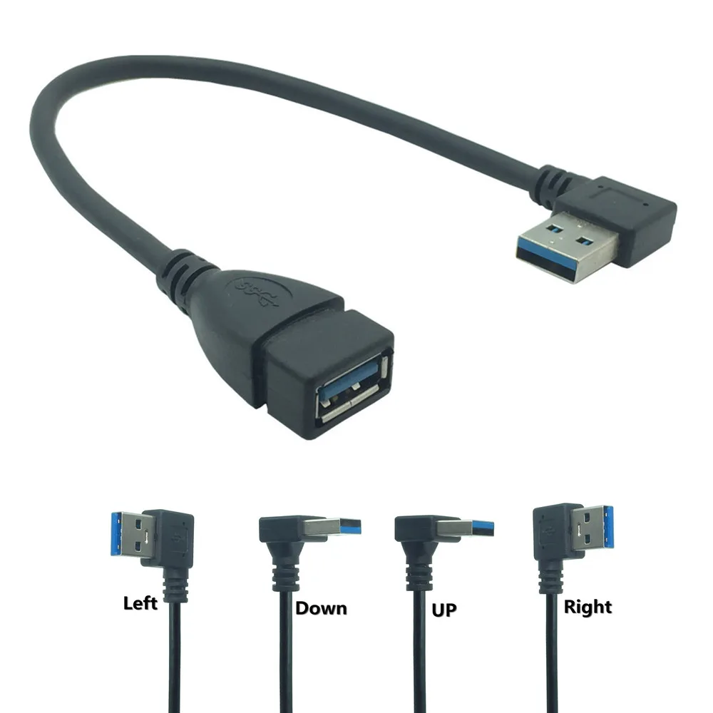 Cabo usb de extensão 3.0 macho para fêmea, adaptador de ângulo reto de 90 graus para cima/down/esquerda/cabo direito usb 0.2m