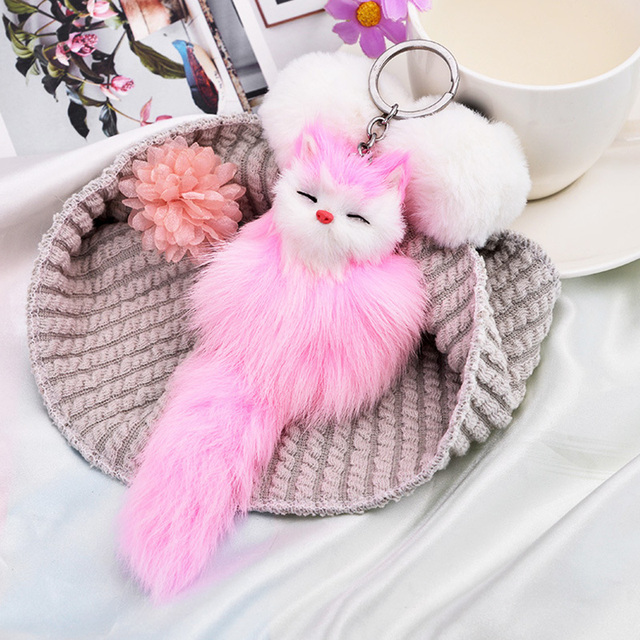 Fluffy Animal Cartoon Fox Keychain Pendant Car Key Ring Holder Bag Purse Ornament Decor Women Jewelry Charm Pompom Keychain