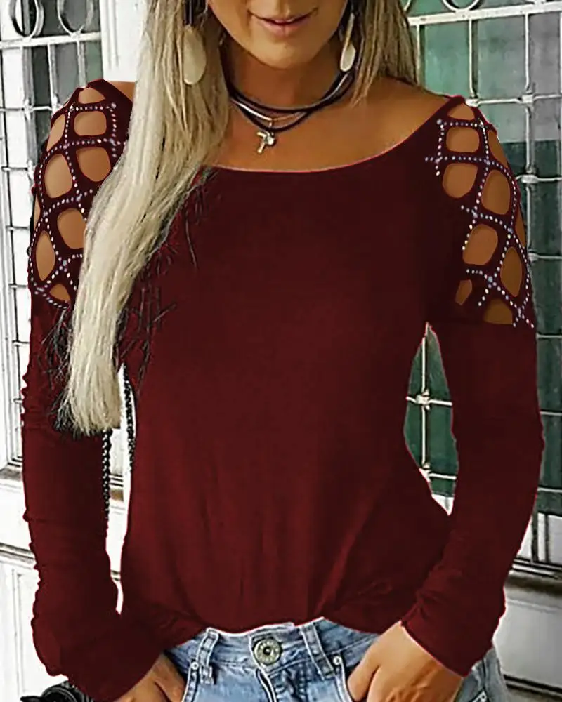 Бургундия Women Studded Hollow Out Long Sleeve Casual T-Shirt Black Sexy Basic Tops camisetas verano mujer - Цвет: Бургундия