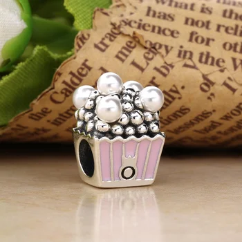 

New Original 925 Sterling Silver Beads Cute Pink Enamel Pearl Popcorn Charms Fit Pan Bracelet For Women DIY Jewelry Making