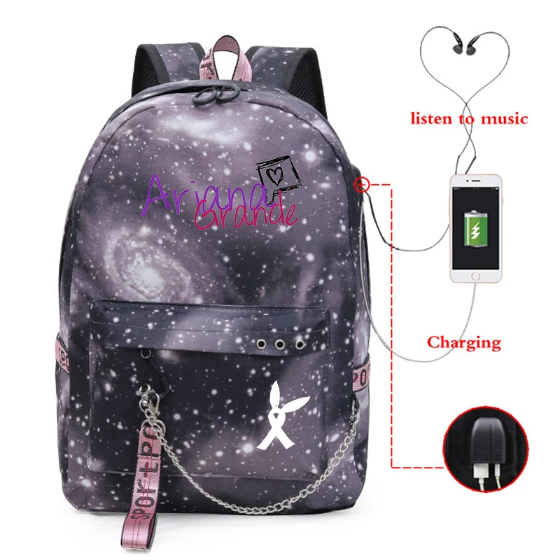 Ariana Grande Printed Casual School Bags Girls USB Charging Backpack Teenagers Daily Laptop Bag College Student Funny Bookbag