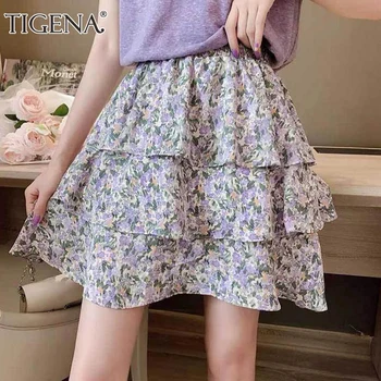 

TIGENA Cute Mini Floral Skirt Women Fashion 2020 Summer Korean School Shorts Lined A Line High Waist Tiered Chiffon Skirt Female
