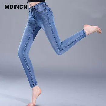 

MDINCN Hot sale women jeans 2020 spring summer casual high waist stretch denim trousers Slim solid color washed feet pants