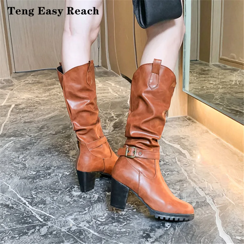 

Women Leahter Knee High Boots Nice Folding Slip on Winter High Boots Casual Heels Black Long Slim Boots Ladies Pop