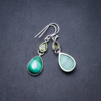 

Natural Malachite and Peridot Handmade Unique 925 Sterling Silver Earrings 1.5" Y3031