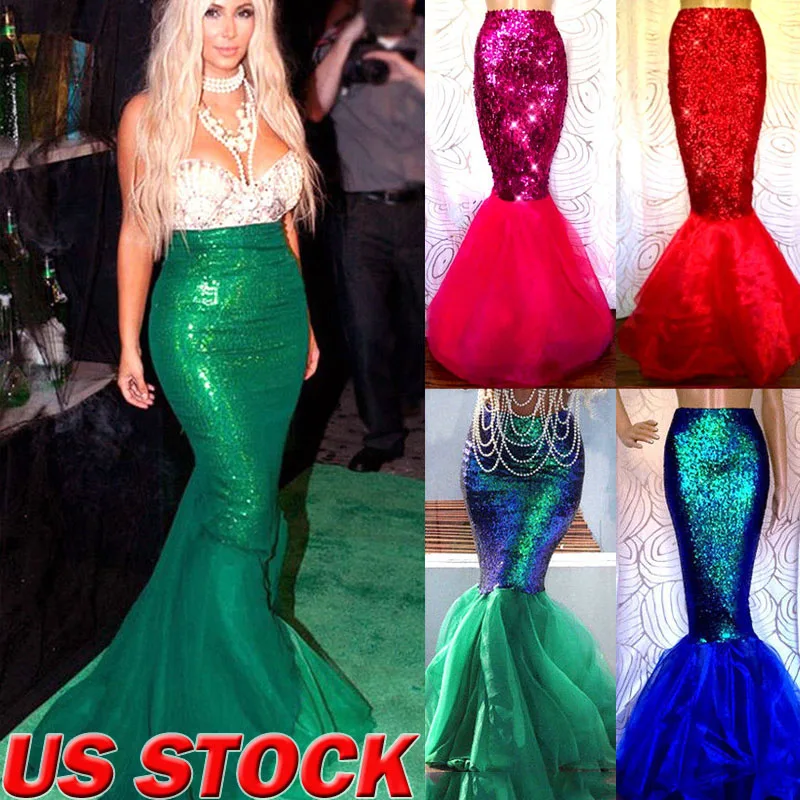 New Sexy Green Rose Red Mermaid Adult Princess Womens Halloween Cosplay Costume Fancy Club Party Sequins Long Tail Skirt