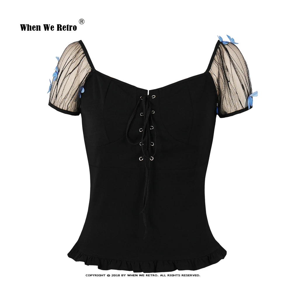 2021 Gothic Retro Butterfly Solid Black Women Shirt SP1512 50s 60s Cotton Puff Sleeve Vintage Tops Blouses | Женская одежда