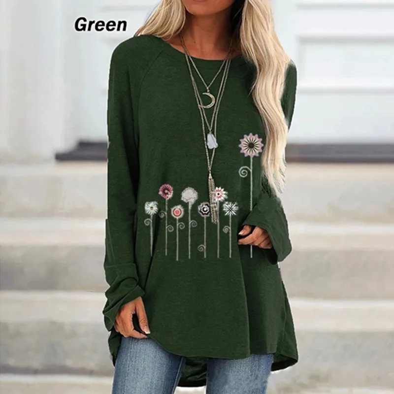 New Autumn Women Tops Floral Dandelion Print Long-sleeved T-shirt Round Neck Loose Casual T-shirt Large Size Pullover Ladies Top best t shirts for men