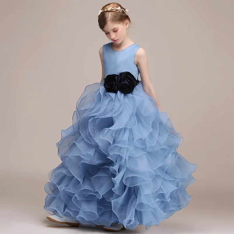 Dideyttawl Luxury Formal Birthday Party Dress For Kids Blue Ruffles Organza Princess Gowns Flower Girl Dresses For Wedding
