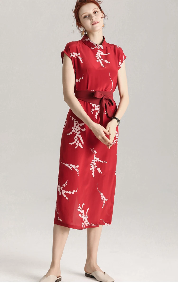 Women Belted Dress 100%Real Silk Crepe Red Printed Dresses Stand Collar New Dresses for Women