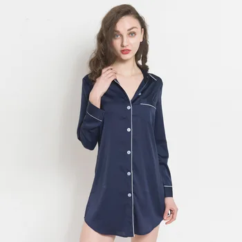 

Woman simulation silk nightdress long-sleeved shirt thin silk shirt pajamas female sense ice silk skirt student home service