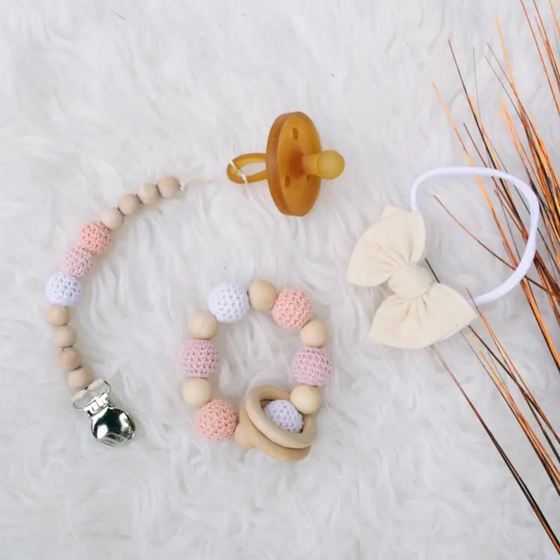 XCQGH Baby Beech кроше деревянный Соска с бусами цепи детский браслет молярные бусины анти-Падение детский браслет цепочка с зажимом для соски-пустышки