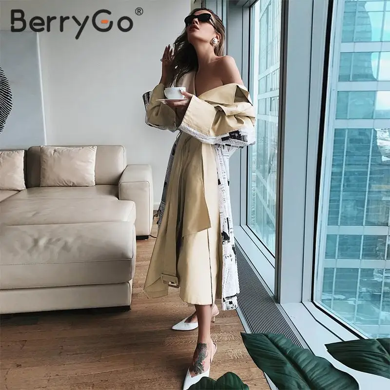 BerryGo Elegant turn down collar trench coats women Autumn winter patchwork print coat Sash belted pockets ladies long overcoats