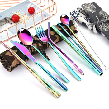 

9Pcs Reusable Drinking Straw Knife and Fork Spoon Cutlery Set 304 Stainless Steel Metal Straw with Cleaner Brush For Mugs