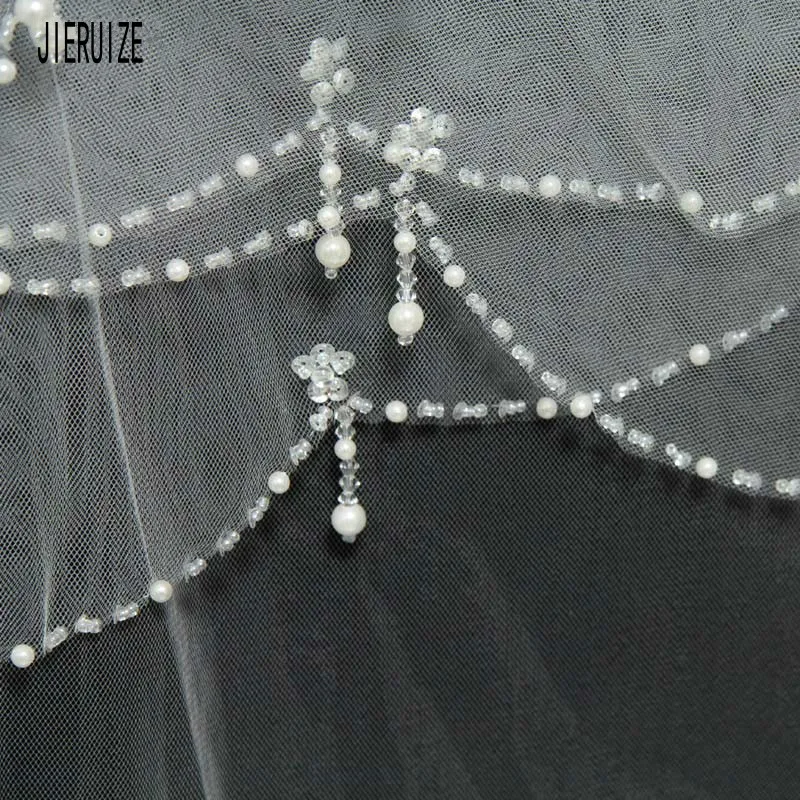 JIERUIZE, белая, цвета слоновой кости, Женская Фата для невесты,, Свадебные вуали, 2 слоя, ручная работа, отделка бисером по краям, с гребнем, свадебные аксессуары
