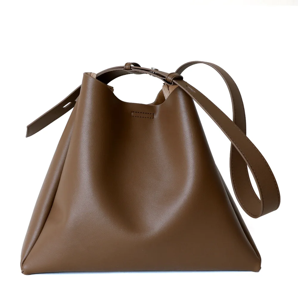 Women's Brown Genuine Leather Shoulder Bucket Bag with Wide Strap