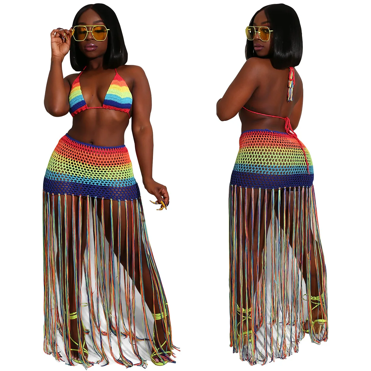 

Sexy Halter Knitted Tassel Women Set Mutil Color Striped Rainbow 2 Piece Set Off Shoulder Hollow Out V-Neck Beach Summer Dress
