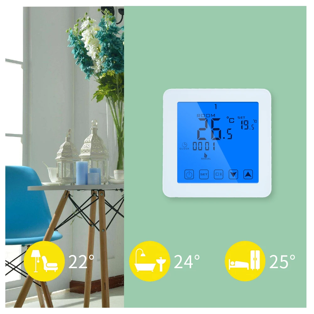 

Touch Screen Digital Thermostat 7 Day Programmable for Gas Boiler Heating Temperature Controller Regulater Battery Power