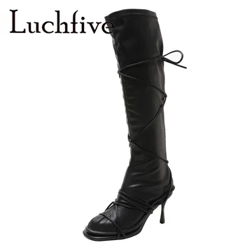 

Detachable Sock Boots Stiletto High Heel Two-way Wearing Designer Shoes Women Knee High Long Boots Gladiator Strappy Shoes