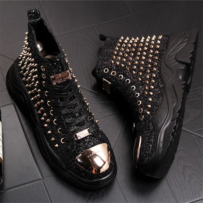 Fashion Wild Punk Sneakers Luxury Rivet Men Casual Platform Shoes Rock Hip Hop High Tops Ankle Boots Chaussure Homme