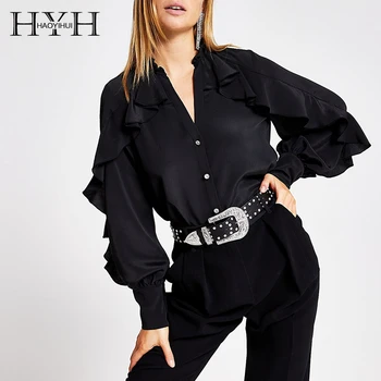 

HYH Haoyihui 2020 New Fashionable Large Simple Lady Solid Color Ruffle Side Sleeve Long Sleeve Shirt