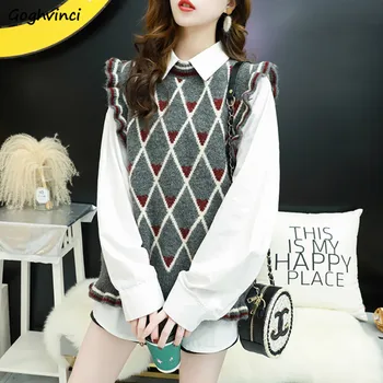 

Sweater Vest Women Ruffles Argyle Sleeveless Sweet Girls Loose Elegant Korean Style Casual Simple Popular Female Vests All-match